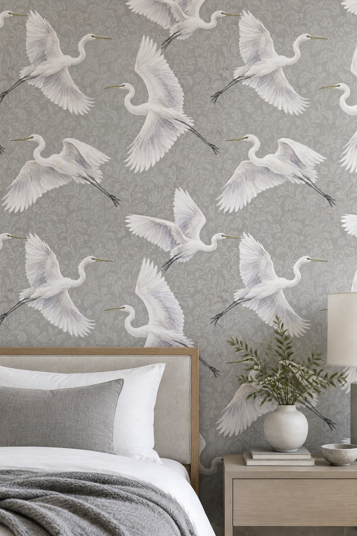 White Egrets Wallpaper Floral Damask Gray Background