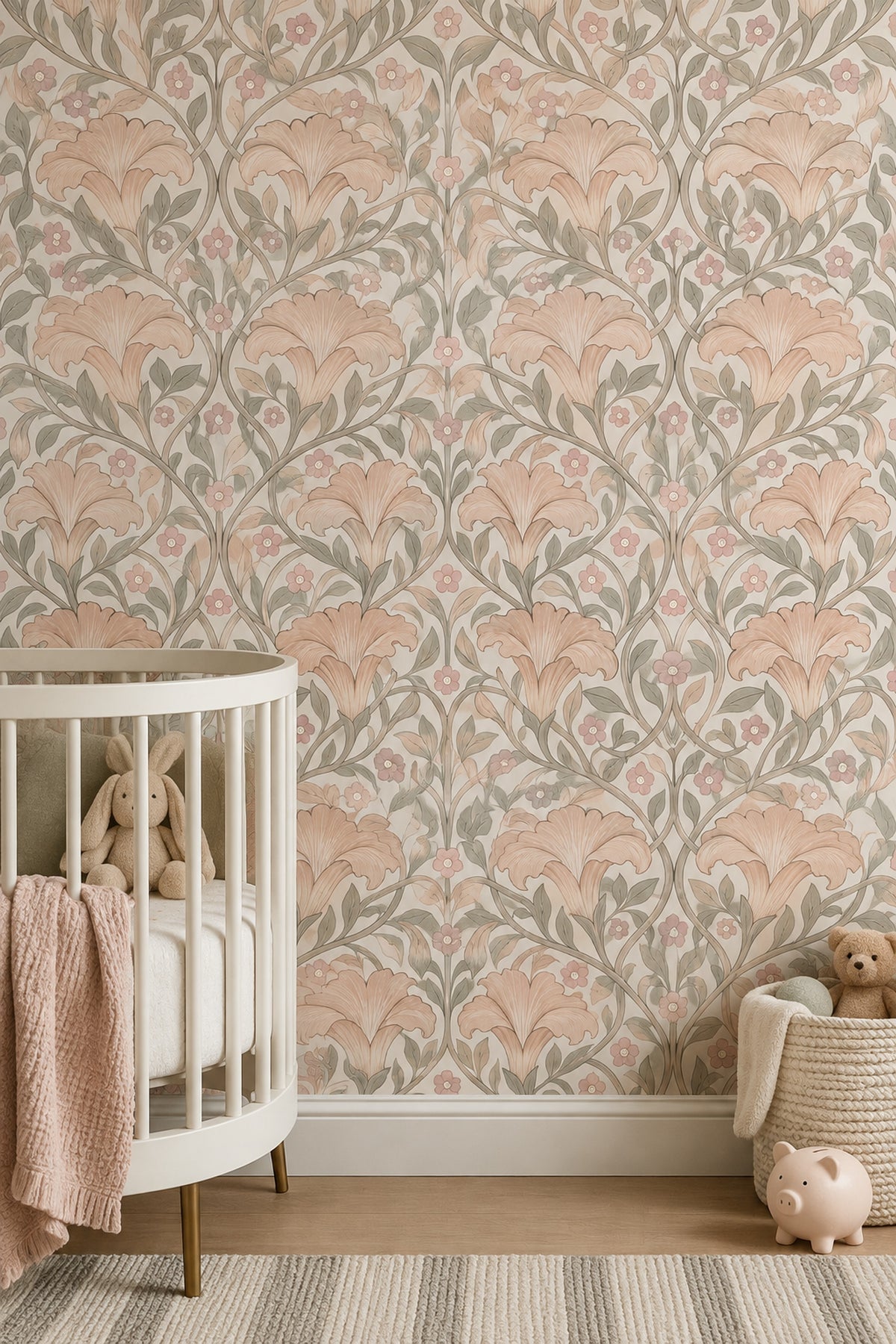Art Nouveau Lily Floral Wallpaper Sage And Peach On Cream