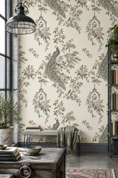 Peacock Chinoiserie Wallpaper Ivory Background Floral Porcelain Vases