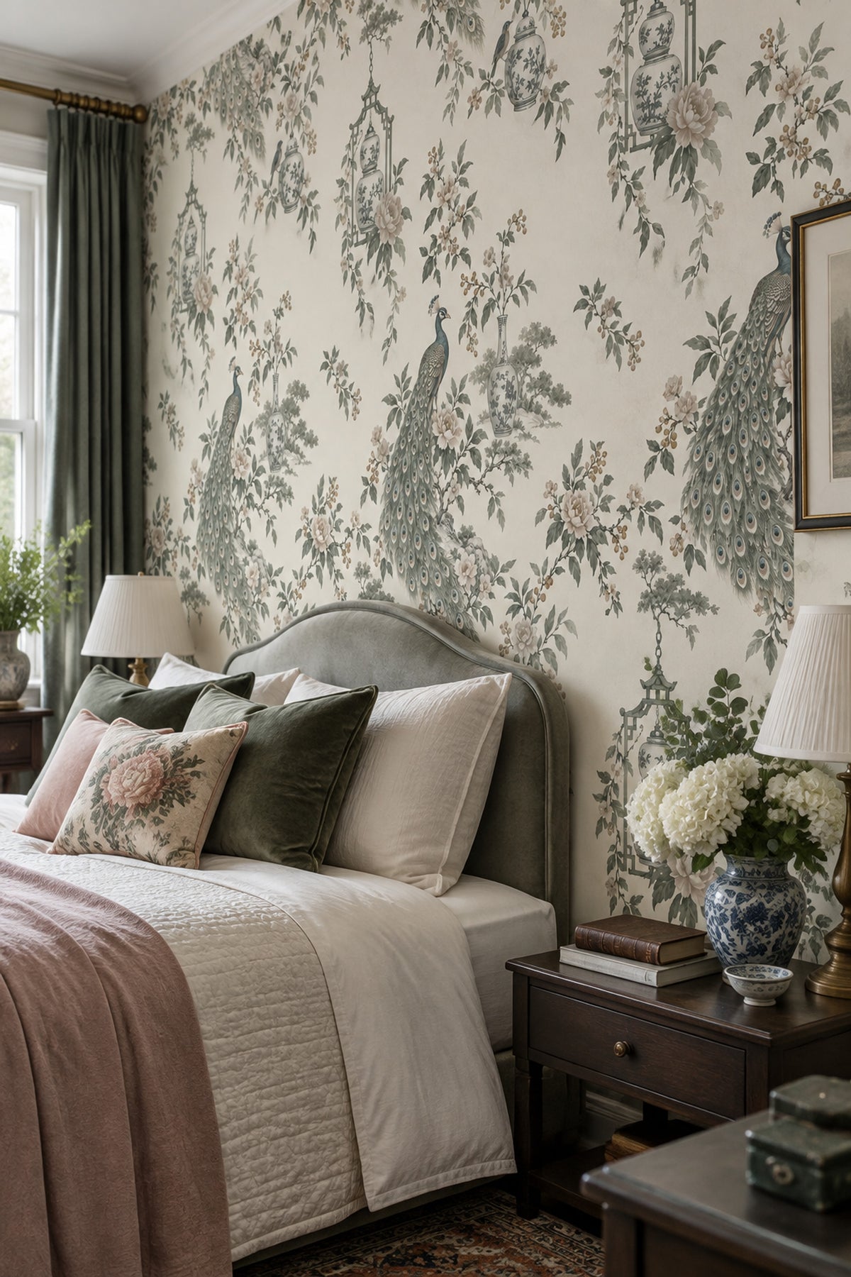 Peacock Chinoiserie Wallpaper Ivory Background Floral Porcelain Vases