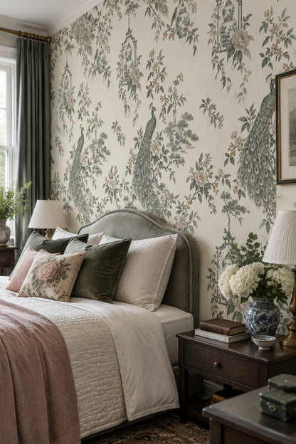 Peacock Chinoiserie Wallpaper Ivory Background Floral Porcelain Vases