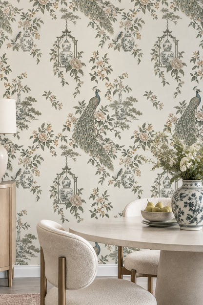 Peacock Chinoiserie Wallpaper Ivory Background Floral Porcelain Vases