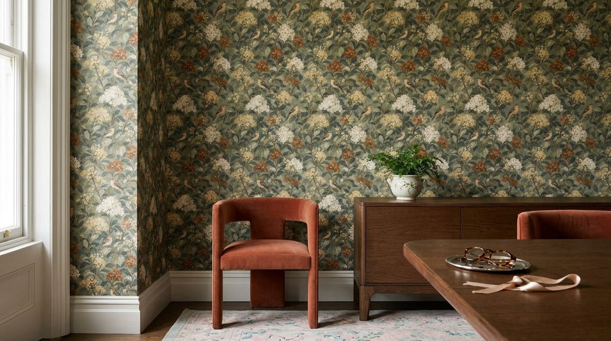 Songbird Branches Wallpaper Dark Sage Botanical Pattern