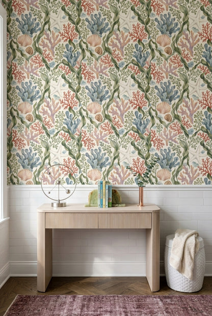 Seaweed And Coral Wallpaper Watercolor Coastal Pattern