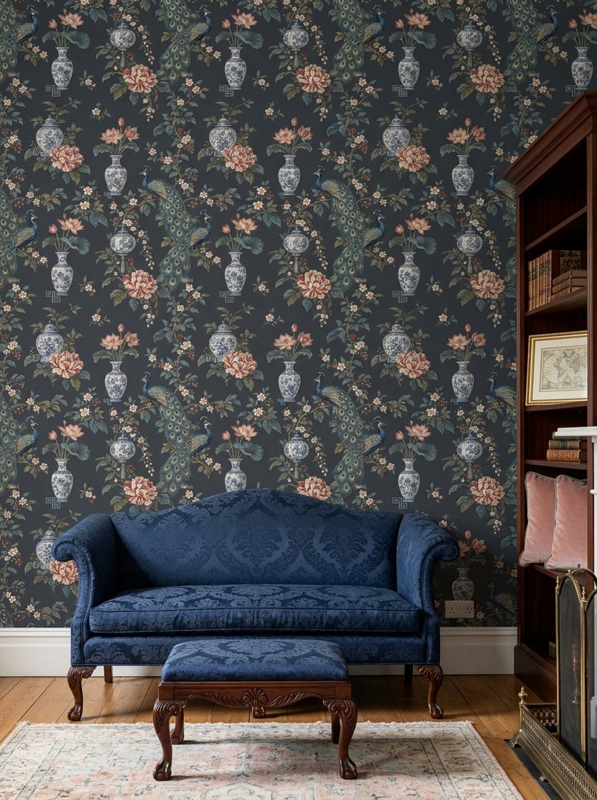 Peacock Wallpaper Dark Chinoiserie Charcoal Background