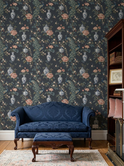 Peacock Wallpaper Dark Chinoiserie Charcoal Background
