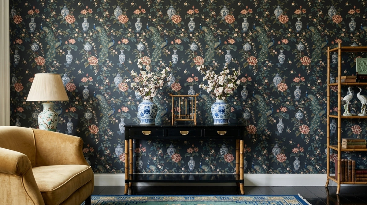 Peacock Wallpaper Dark Chinoiserie Charcoal Background