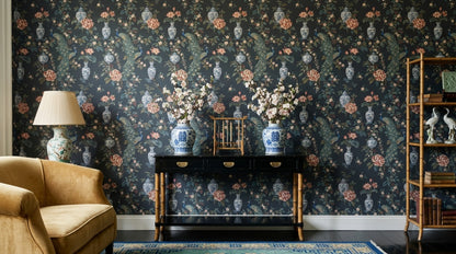 Peacock Wallpaper Dark Chinoiserie Charcoal Background
