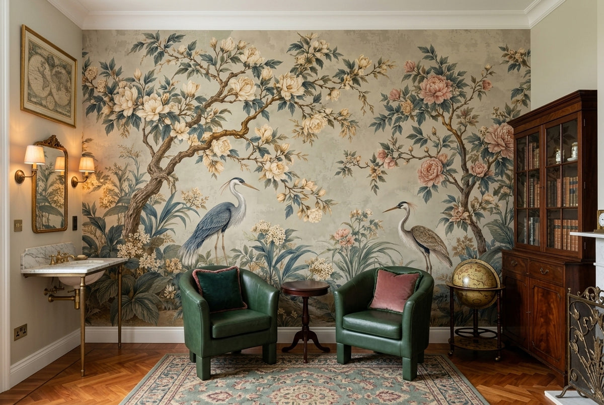 Herons And Peonies Wallpaper Chinoiserie Garden Wall Mural
