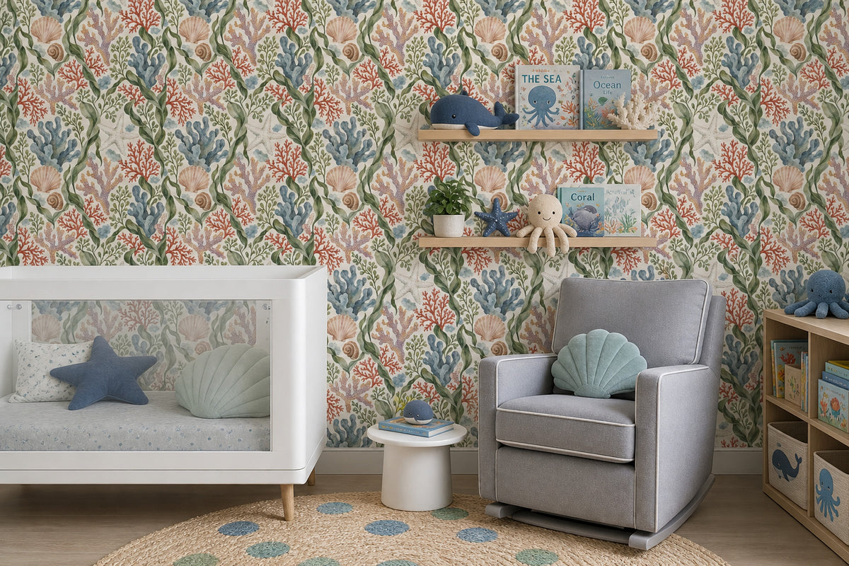 Seaweed And Coral Wallpaper Watercolor Coastal Pattern