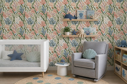 Seaweed And Coral Wallpaper Watercolor Coastal Pattern