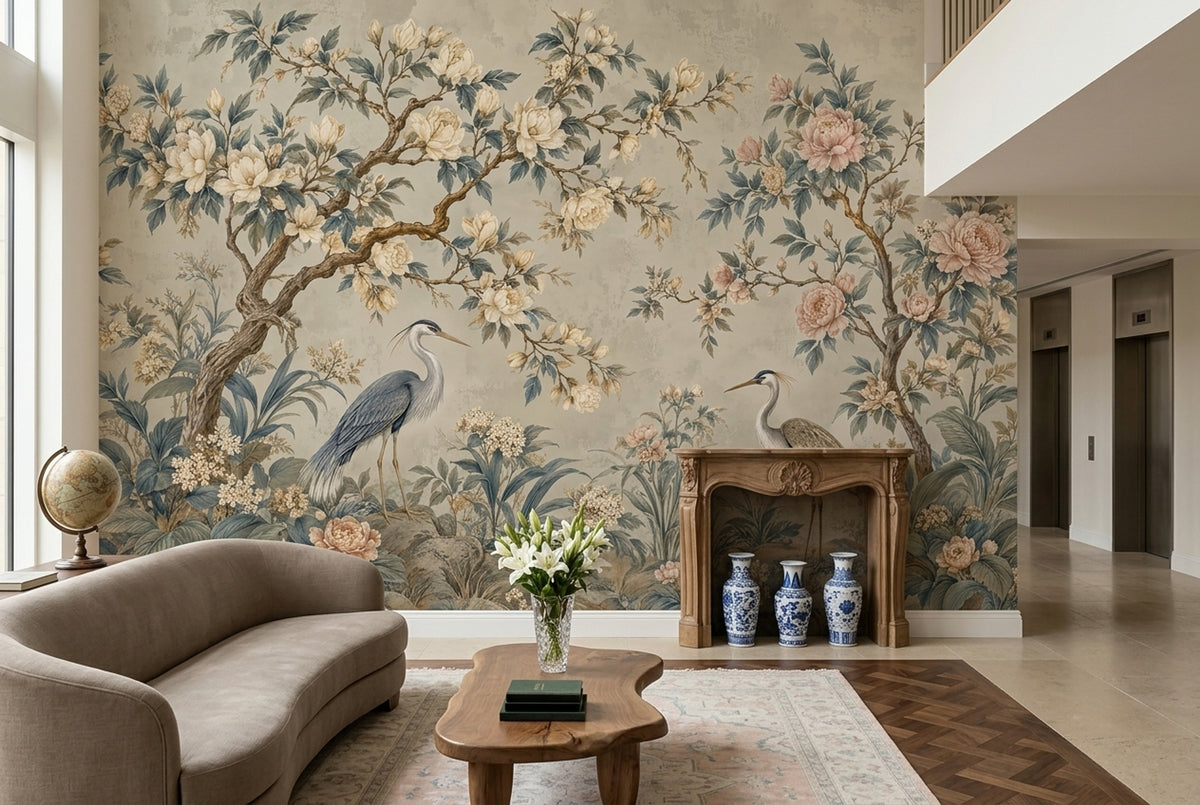 Herons And Peonies Wallpaper Chinoiserie Garden Wall Mural