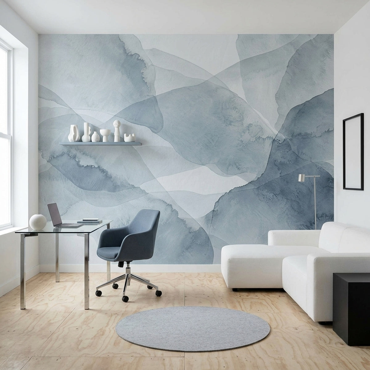 Abstract Watercolor Layers Wallpaper Blue Gray Minimalist Wall Mural