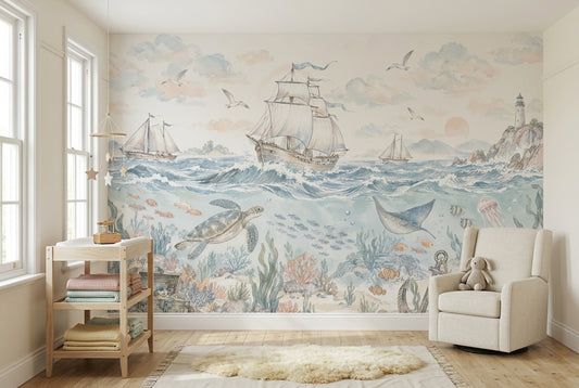 Watercolor Ocean Ships Wallpaper Coastal Underwater Wall Mural