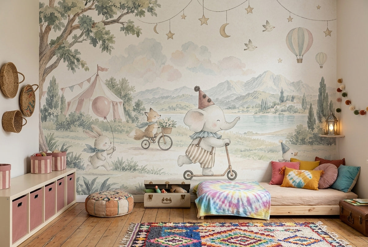 Watercolor Circus Animals Wallpaper Storybook Landscape Wall Mural