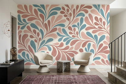Watercolor Leaf Pattern Wallpaper Pink And Blue Botanical Wall Mural