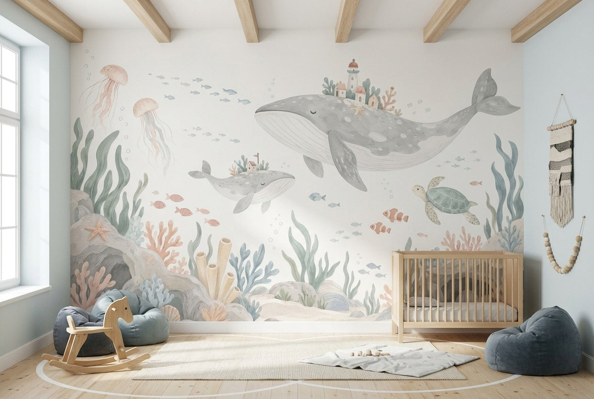 Watercolor Whales Wallpaper Underwater Storybook Wall Mural