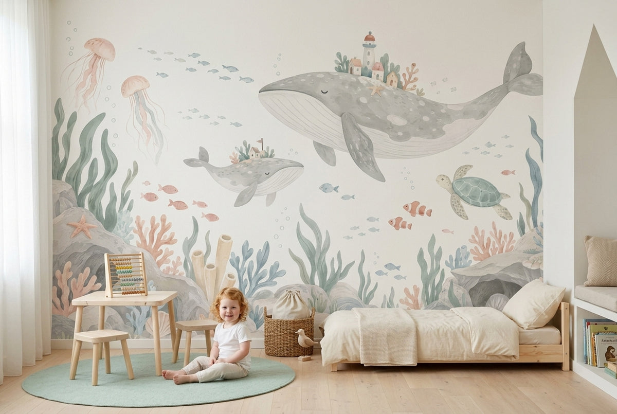 Watercolor Whales Wallpaper Underwater Storybook Wall Mural