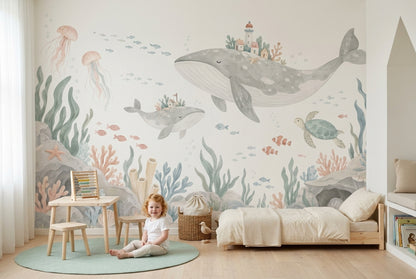 Watercolor Whales Wallpaper Underwater Storybook Wall Mural