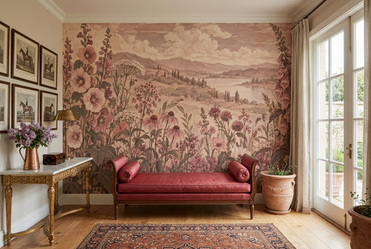 Wildflower Lake Landscape Wallpaper Vintage Botanical Wall Mural