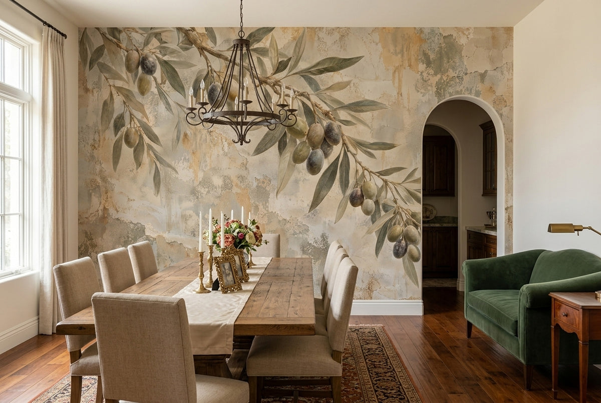 Olive Branch Wallpaper Muted Green Rustic Plaster Wall Mural