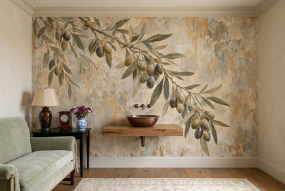 Olive Branch Wallpaper Muted Green Rustic Plaster Wall Mural