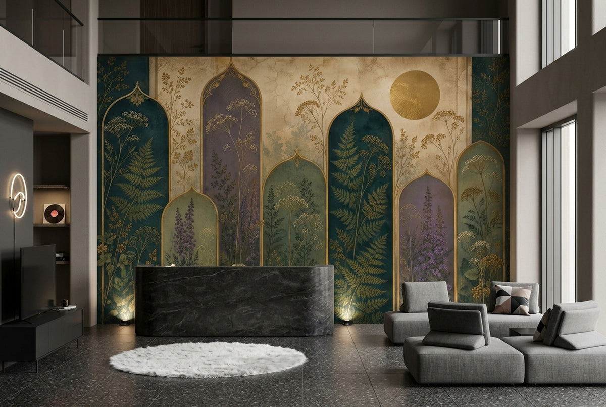 Moroccan Arches Botanical Wallpaper Gold Accents Wall Mural