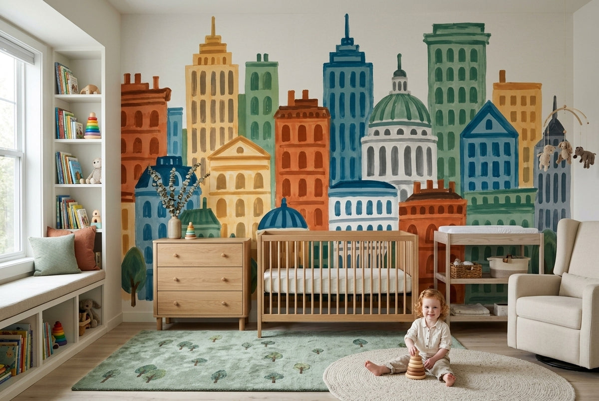 Watercolor City Skyline Wallpaper Pastel Architecture Wall Mural
