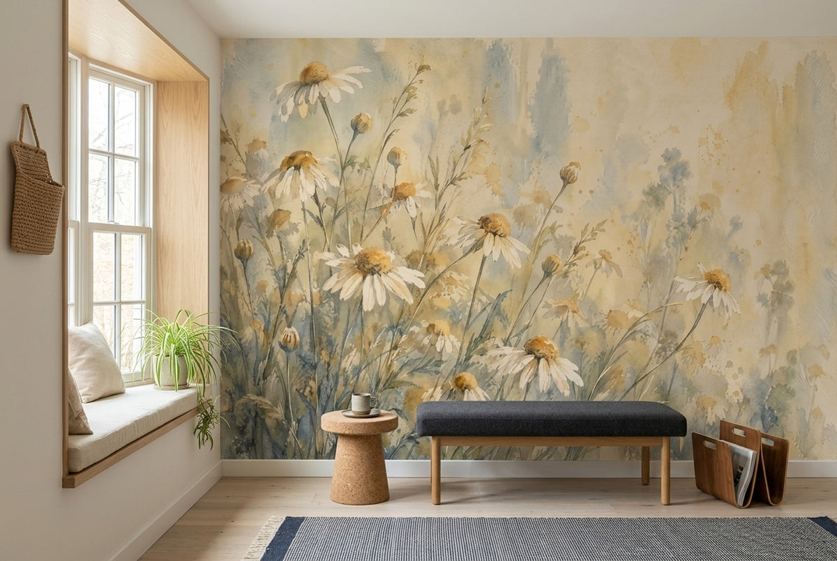 Watercolor Daisy Meadow Wallpaper Botanical Wildflower Wall Mural