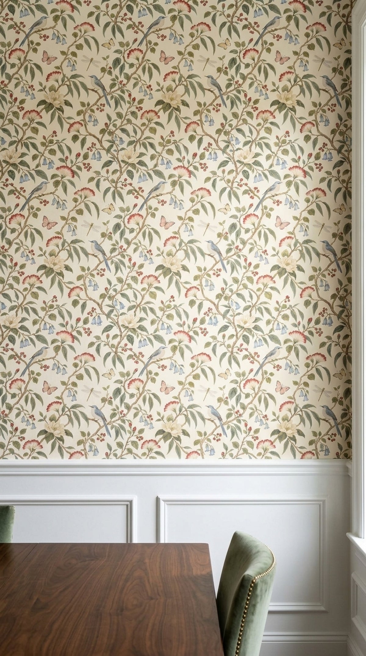 Bird And Blossom Wallpaper Muted Green Chinoiserie Pattern
