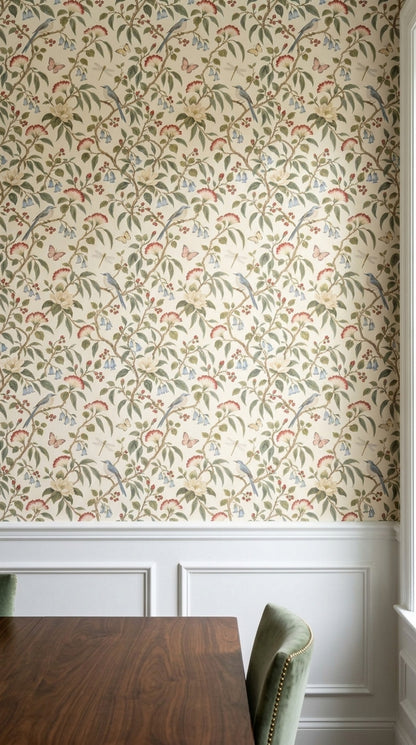 Bird And Blossom Wallpaper Muted Green Chinoiserie Pattern