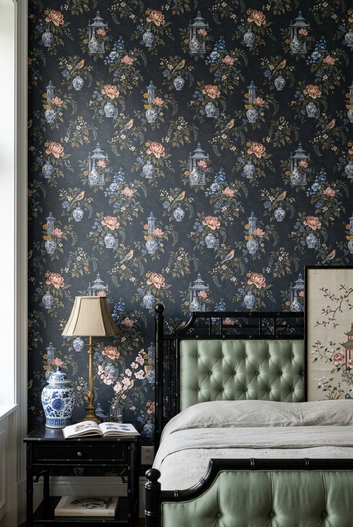Chinoiserie Vases And Birds Wallpaper Dark Navy Botanical Floral