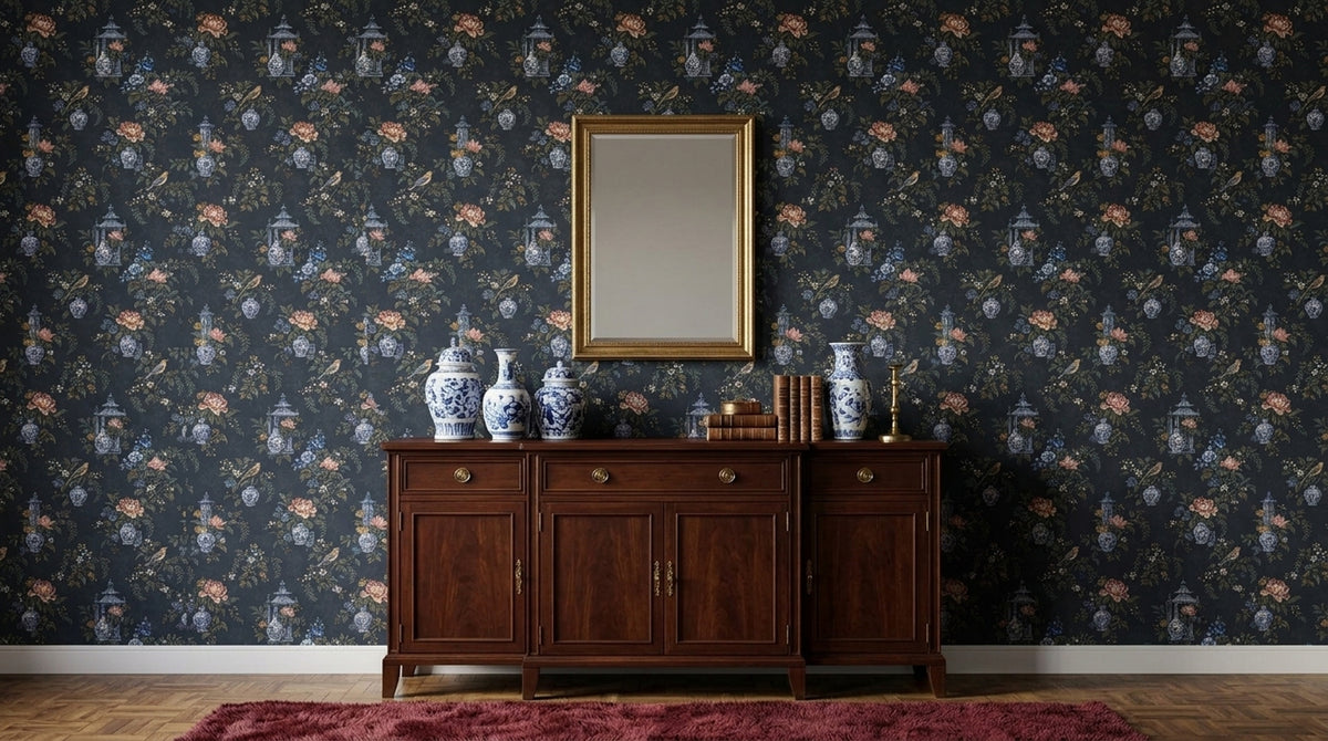 Chinoiserie Vases And Birds Wallpaper Dark Navy Botanical Floral