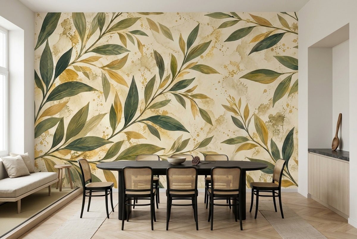 Olive Branches Wallpaper Watercolor Gold Splatter Wall Mural