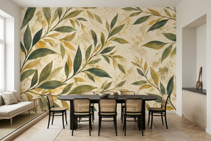Olive Branches Wallpaper Watercolor Gold Splatter Wall Mural