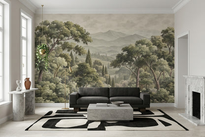 Vintage Forest Landscape Wallpaper Muted Green Mountains Wall Mural