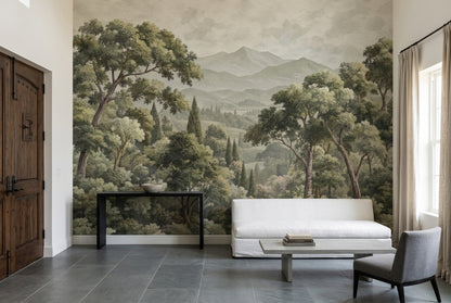Vintage Forest Landscape Wallpaper Muted Green Mountains Wall Mural