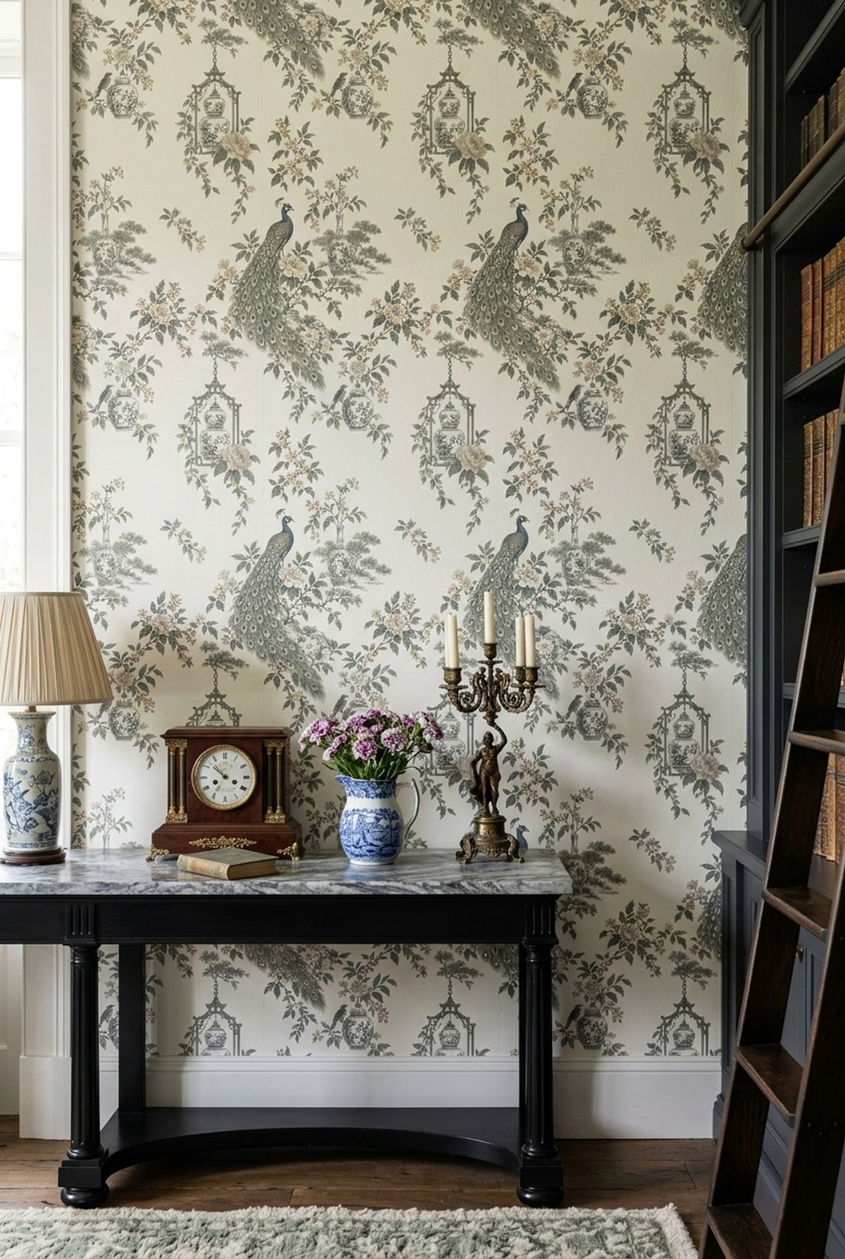 Peacock Chinoiserie Wallpaper Ivory Background Floral Porcelain Vases