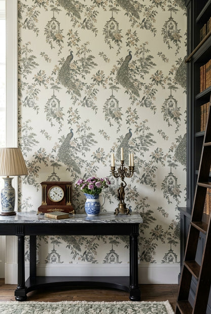 Peacock Chinoiserie Wallpaper Ivory Background Floral Porcelain Vases