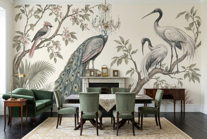 Chinoiserie Birds Wallpaper Muted Green Botanical Wall Mural
