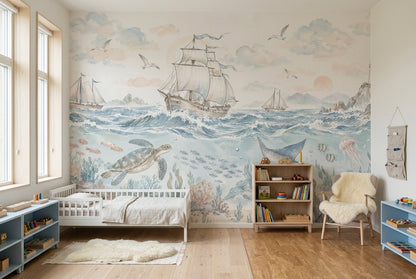 Watercolor Ocean Ships Wallpaper Coastal Underwater Wall Mural