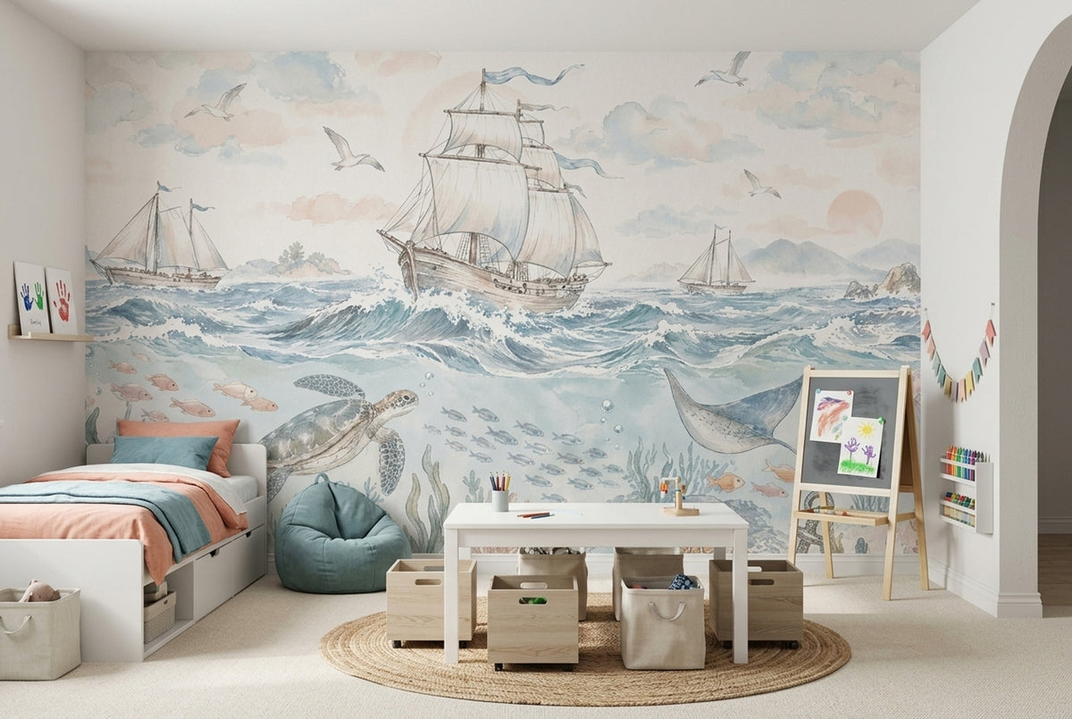 Watercolor Ocean Ships Wallpaper Coastal Underwater Wall Mural