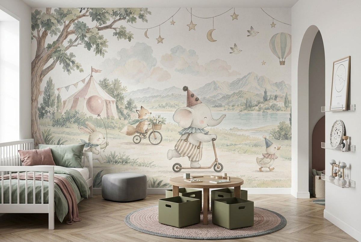 Watercolor Circus Animals Wallpaper Storybook Landscape Wall Mural