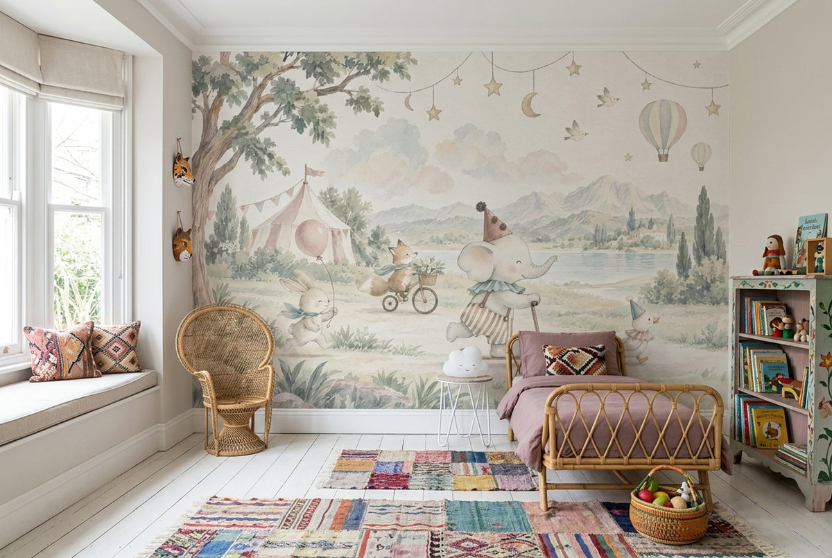 Watercolor Circus Animals Wallpaper Storybook Landscape Wall Mural