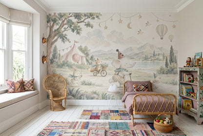 Watercolor Circus Animals Wallpaper Storybook Landscape Wall Mural