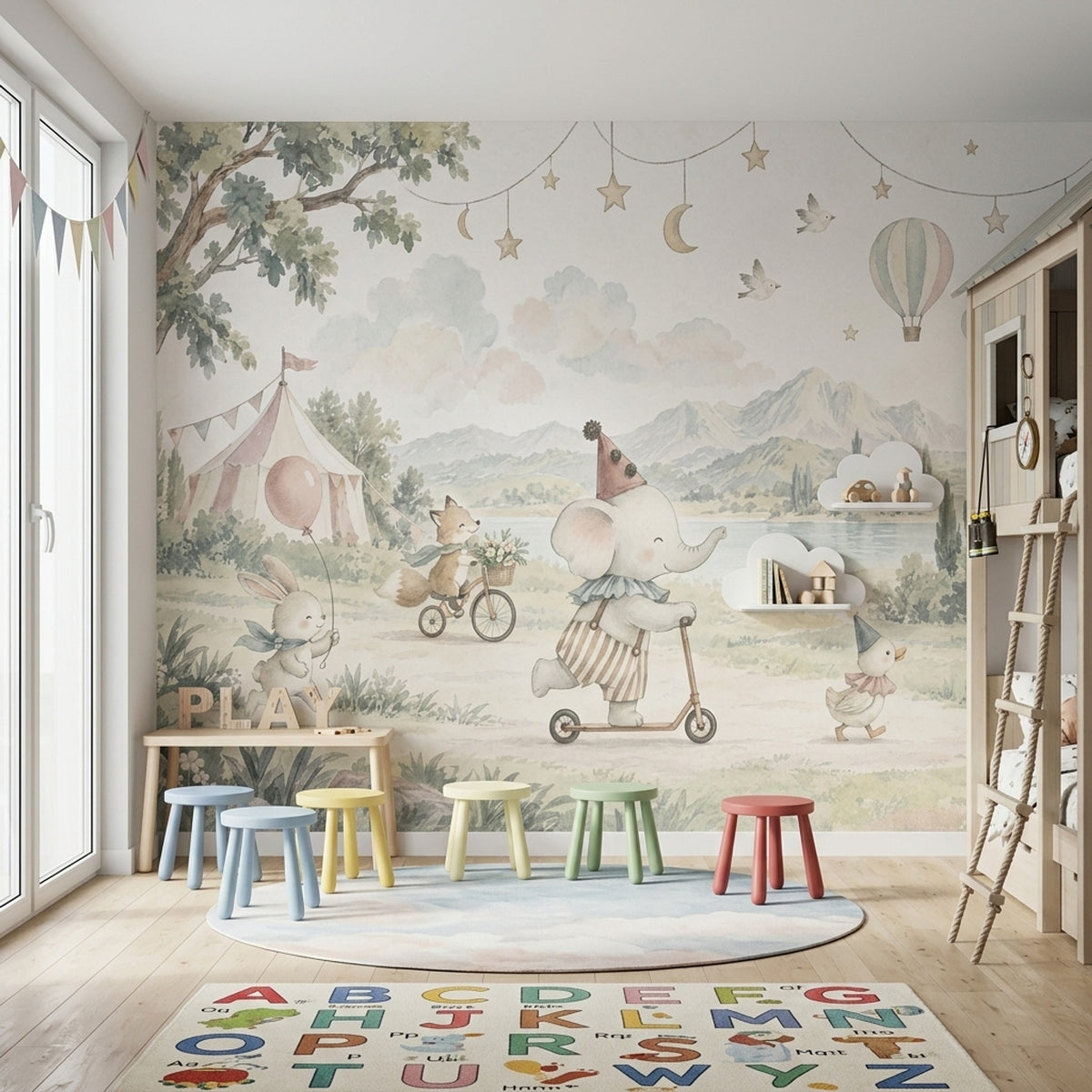 Watercolor Circus Animals Wallpaper Storybook Landscape Wall Mural