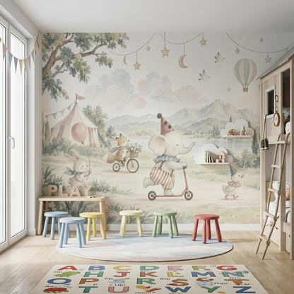 Watercolor Circus Animals Wallpaper Storybook Landscape Wall Mural