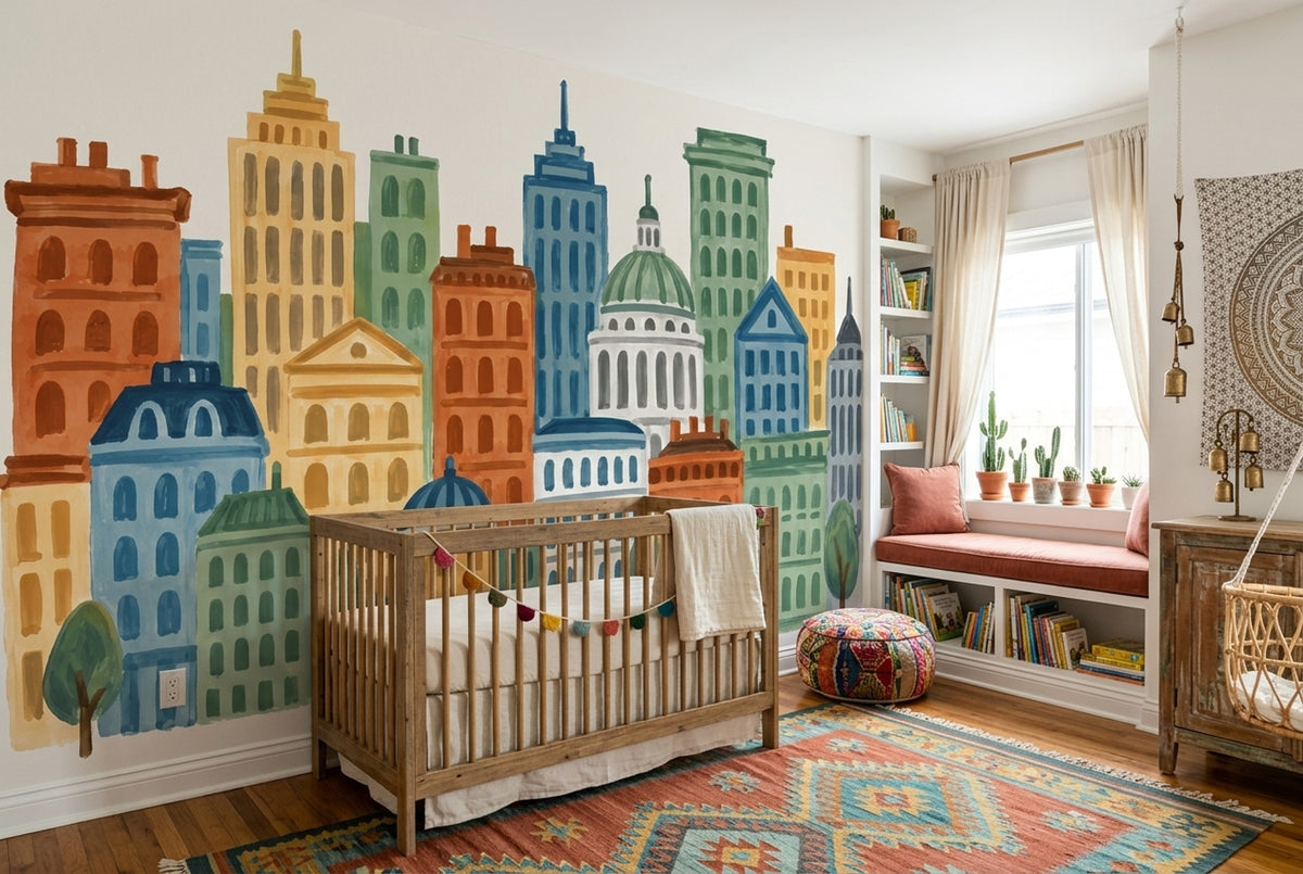 Watercolor City Skyline Wallpaper Pastel Architecture Wall Mural