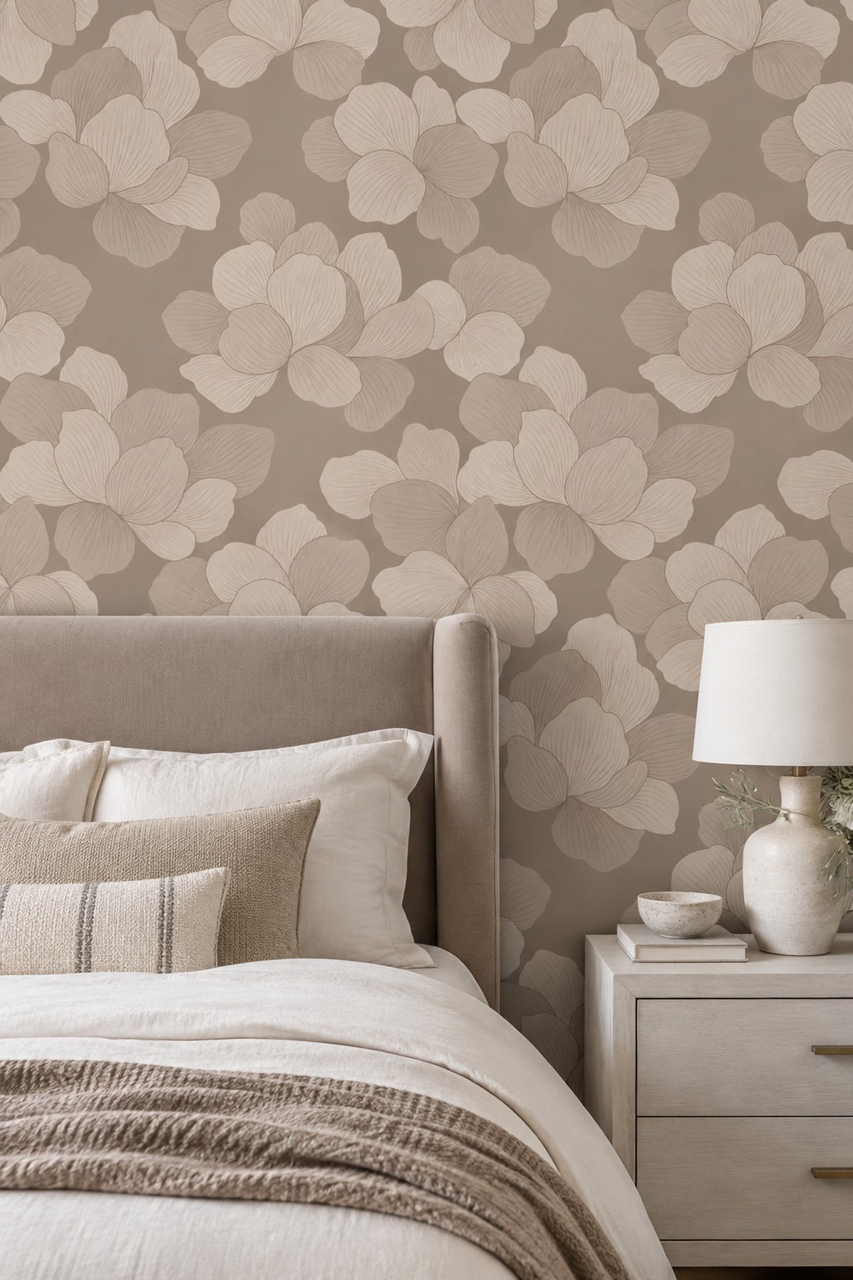 Large Floral Wallpaper Beige Taupe Line Art Petals