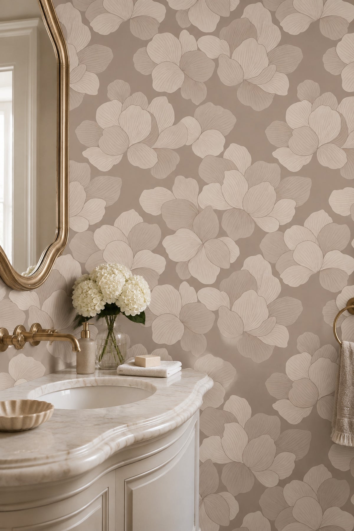 Large Floral Wallpaper Beige Taupe Line Art Petals